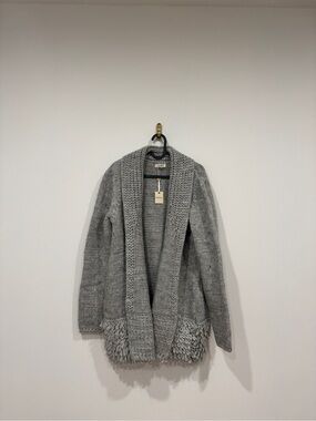 Shawl-Collar Gray Fringe Knit Cardigan